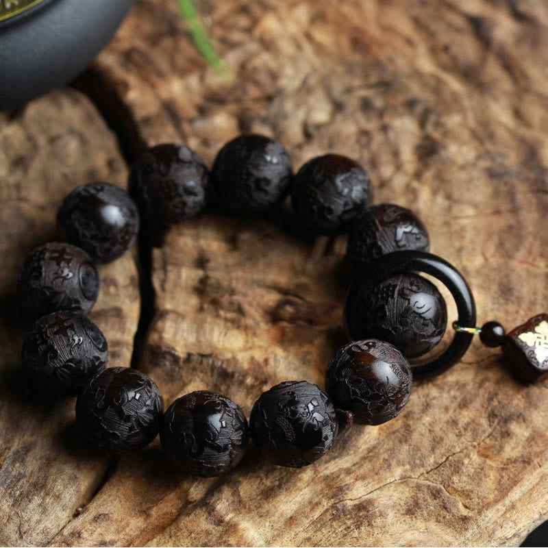 Ebony Wood Chinese Character Yin Yang Engraved Gourd Balance Bracelet