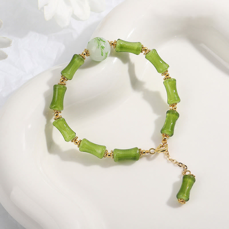 Handcrafted Moss Agate and Green Liuli Crystal Bamboo Motif Chain Bracelet