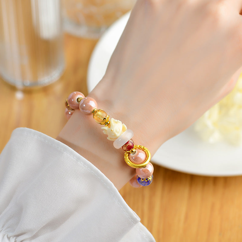 Artisanal Tibetan Incense Ash Liuli Glass Nine-Tailed Fox Charm Bracelet