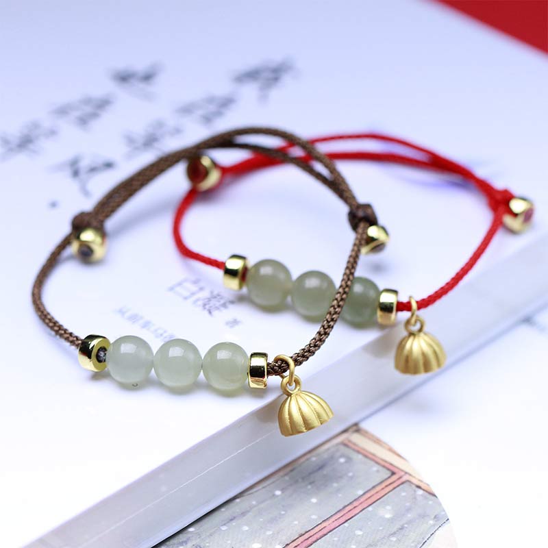 Handmade Natural Jade Lotus Seed Woven Red String Adjustable Bracelet