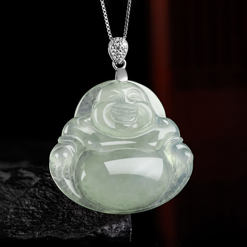 925 Sterling Silver Natural Jade Laughing Buddha Prosperity Abundance Chain Necklace Pendant