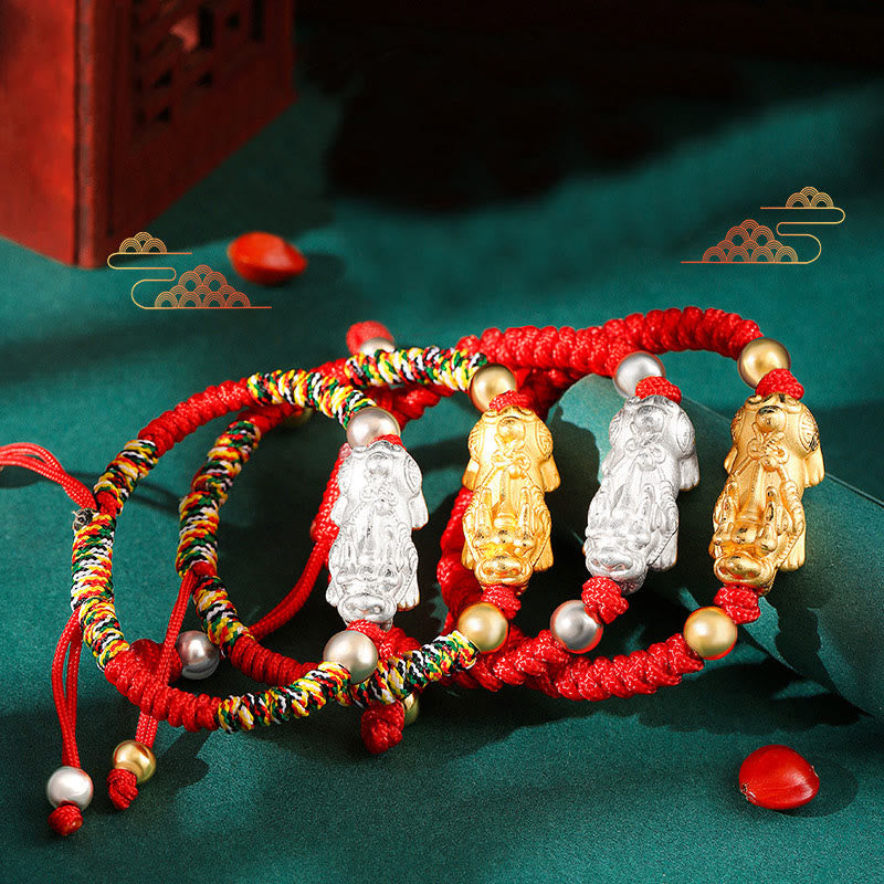 999 Sterling Silver Pixiu Red String Braided Vajra Knot Bracelet for Kids