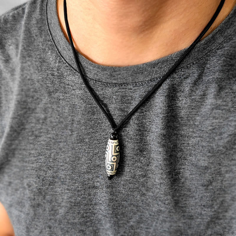 Tibet Nine-Eye Dzi Bead Pattern Copper Auspicious Clouds Wealth Necklace Pendant