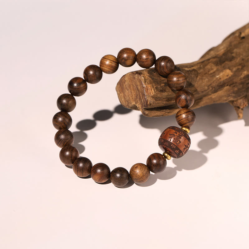 Hand-Carved Rosewood & Jade Turquoise Copper Auspicious Clouds Fu Symbol Bracelet