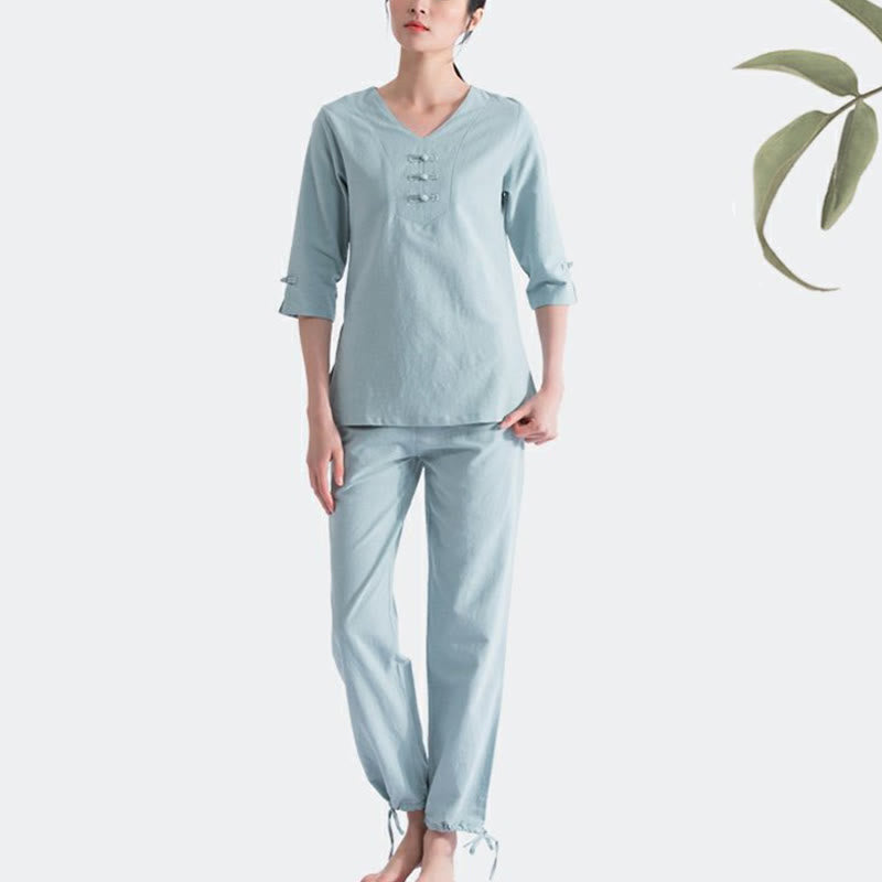 Yoga Meditation Prayer V-neck Design Cotton Linen Clothing Uniform Zen Practice Women's Set