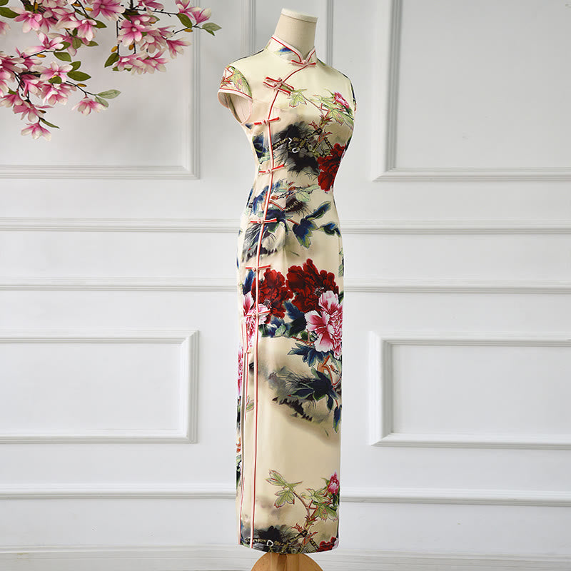 Tactile Knit Peony Print Mindful Ritual Cheongsam Dress