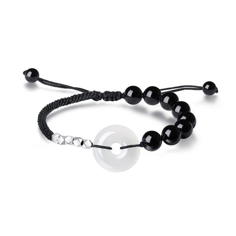 Adjustable 925 Sterling Silver Black Obsidian Agate Ping An Kou Peace Buckle Bracelet
