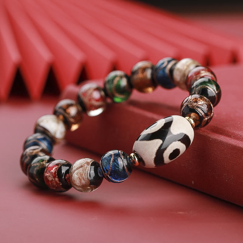 Hand-Finished Tibetan Style Dzi Bead and Vibrant Liuli Glass Beaded Bracelet