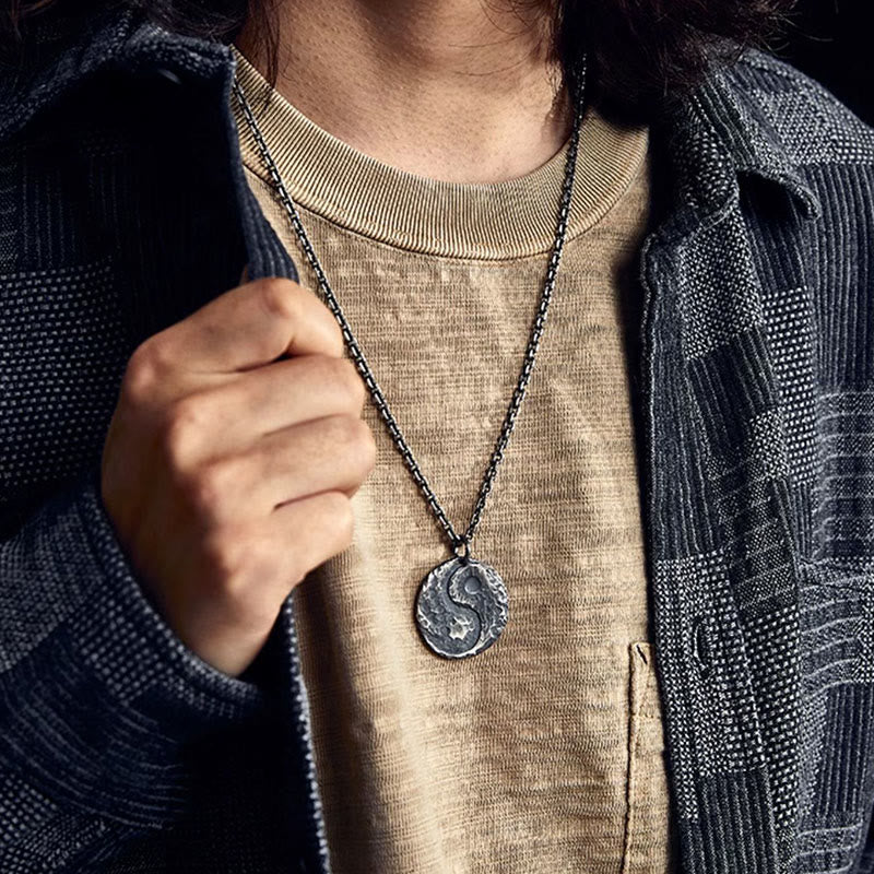 990 Sterling Silver Yin Yang Hammer Texture Harmony Necklace Pendant