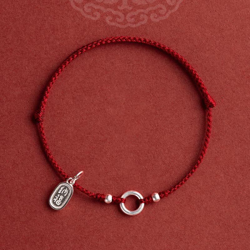 925 Sterling Silver Ping An Kou Lotus Red String Bracelet with Peace and Joy Charms
