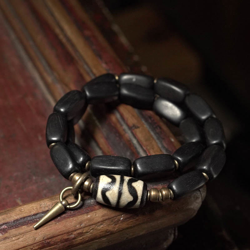 Tibet Ebony Wood Dzi Bead Copper Balance Double Wrap Bracelet