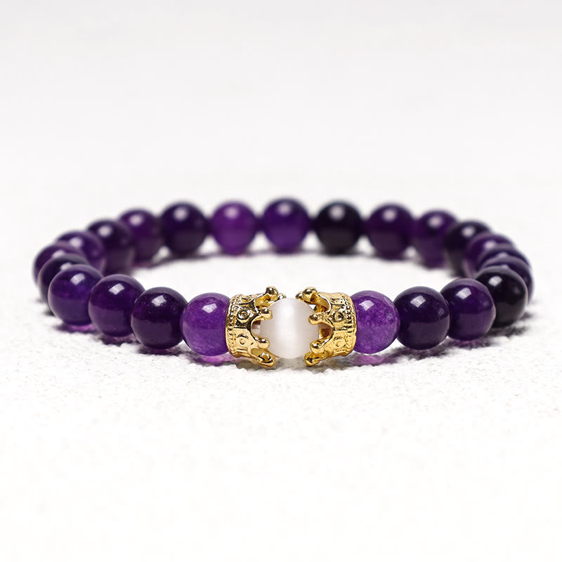 Natural Gemstone Crown Accent Beaded Couple Bracelet Set - Set of 2