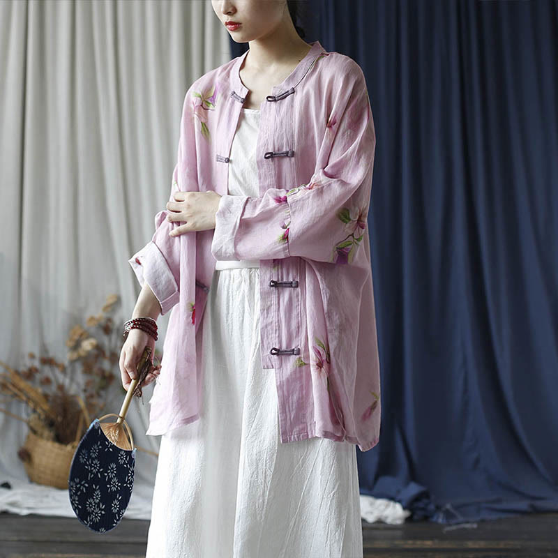 Pink Flower Print Frog-button Design Batwing Long Sleeve Ramie Linen Jacket Shirt