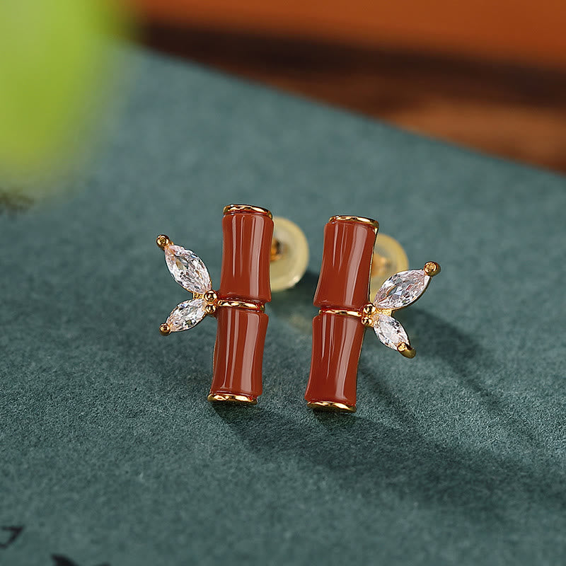 Gold Plated 925 Sterling Silver Bamboo Pattern Jade and Agate Stud Earrings