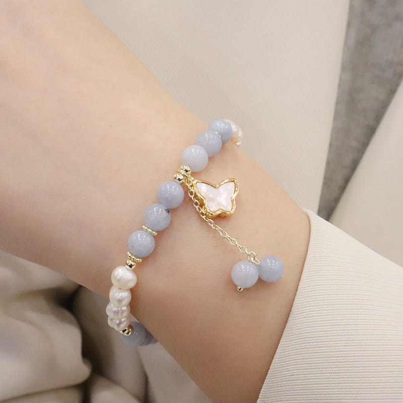 Natural Aquamarine Pearl Seashell Charm Bracelet with Ginkgo Leaf or Butterfly Accents