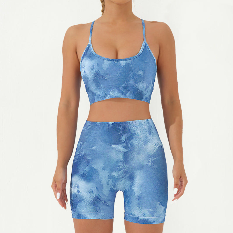 2Pcs Camo Print Backless Criss-Cross Strap Top Bra Shorts Leggings Pants Fitness Yoga Outfit Set
