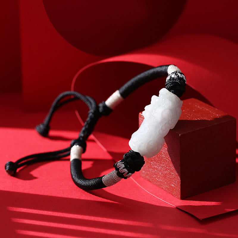 Handmade Natural Jade PiXiu Luck Prosperity Braided String Bracelet