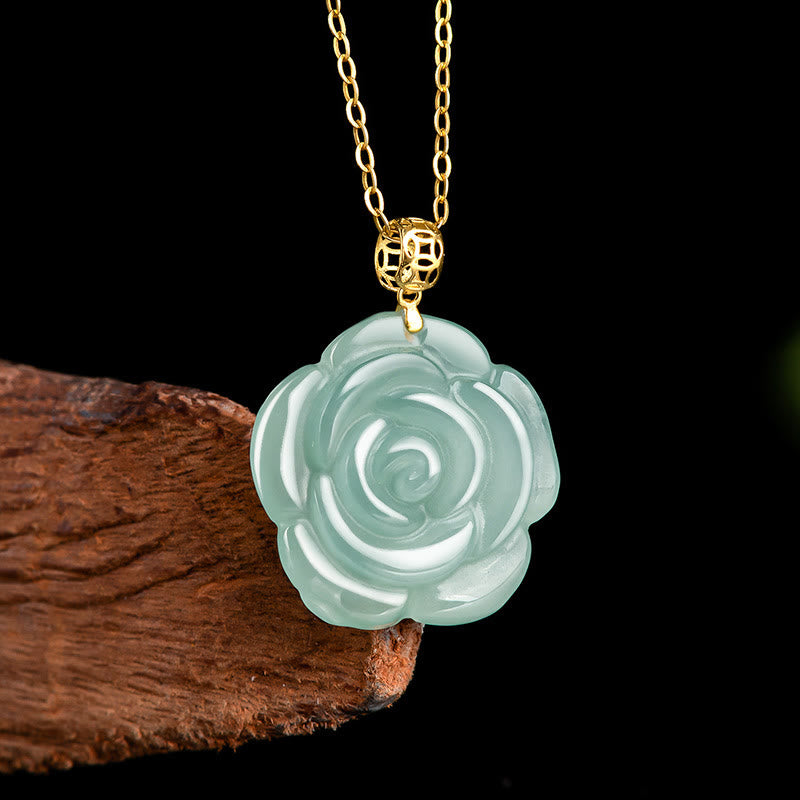 18K Gold Buckle 925 Sterling Silver Chain Natural Jade Rose Luck Necklace Pendant