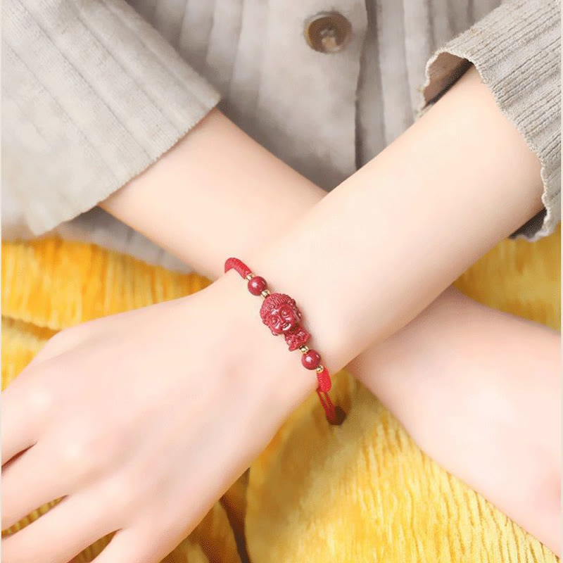 Handcrafted Cinnabar Zodiac Guardian Buddha Red String Adjustable Bracelet