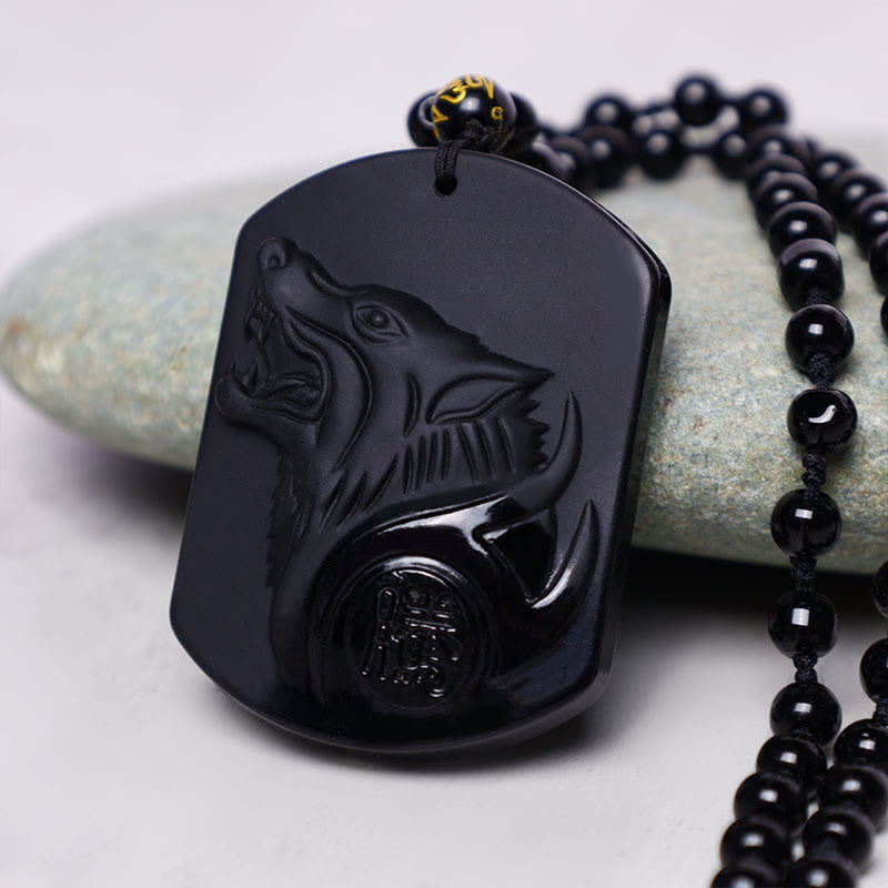 Black Obsidian Stone Wolf Purification Pendant Necklace