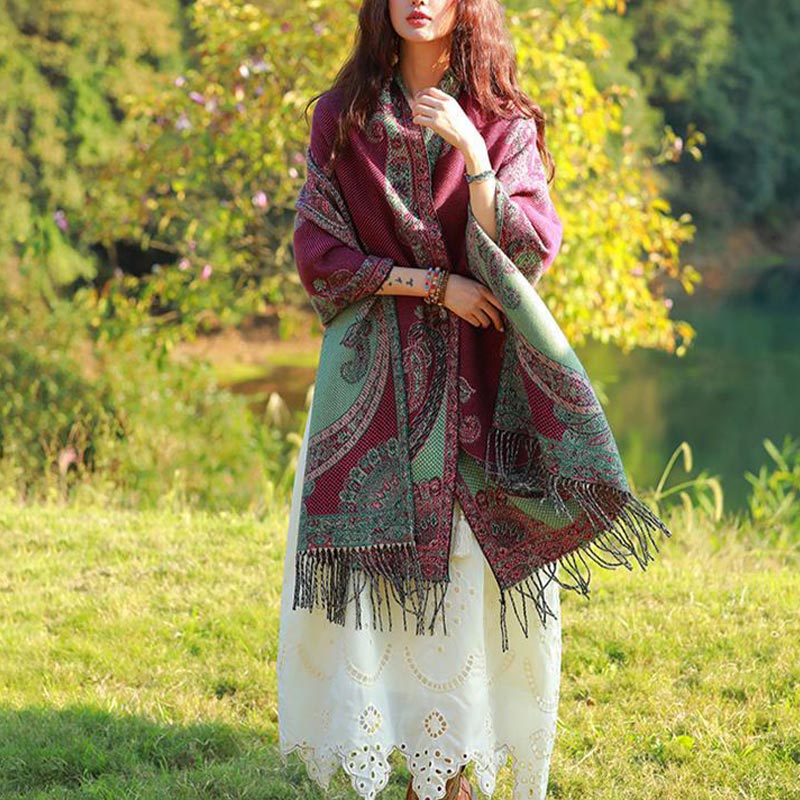 Tibetan Vine Leaves Pattern Design Shawl Cozy Travel Scarf Wrap