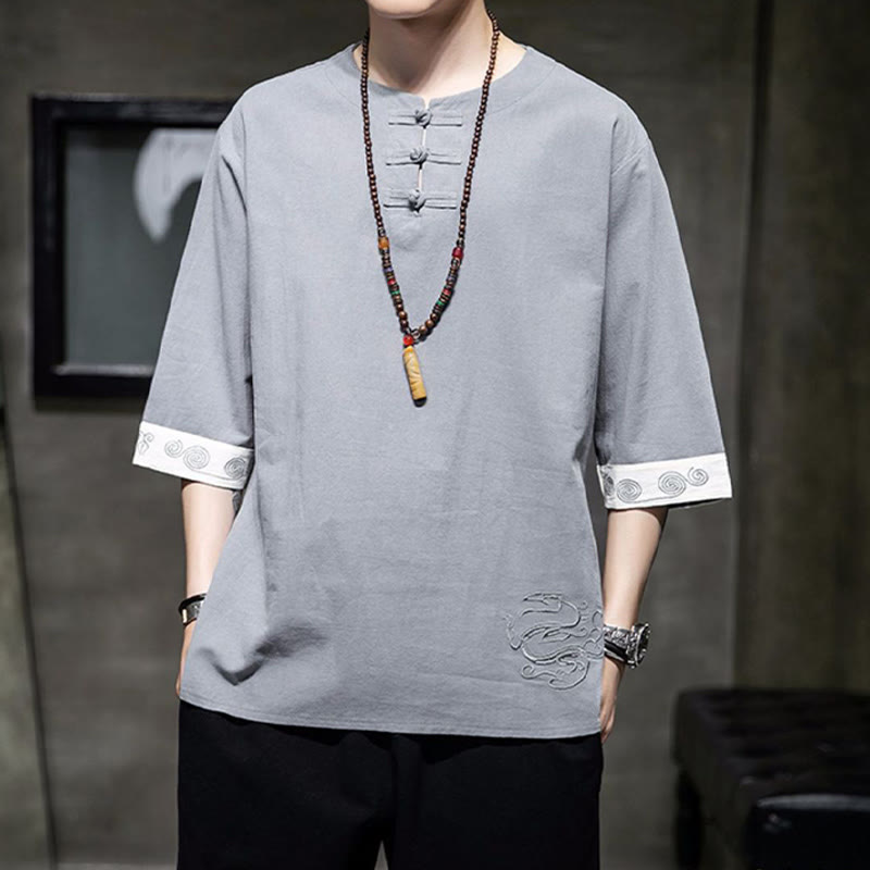 Frog-Button Dragon Embroidery Chinese Tang Suit Three Quarter Sleeve Shirt Cotton Linen Men Clothing