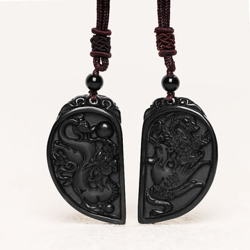 Black Obsidian Love Dragon Phoenix Protection Necklace Pendant