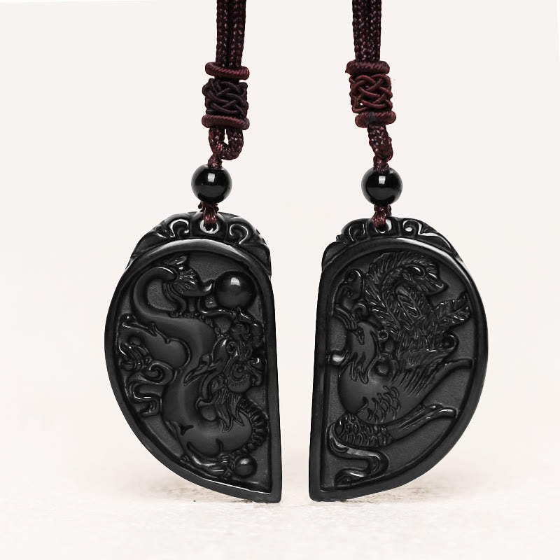 Black Obsidian Love Dragon Phoenix Protection Necklace Pendant