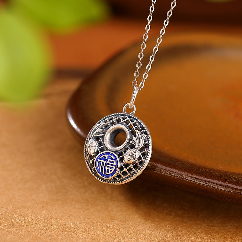 999 Sterling Silver Koi Fish Fu Character Lotus Peace Buckle Wealth Necklace Pendant