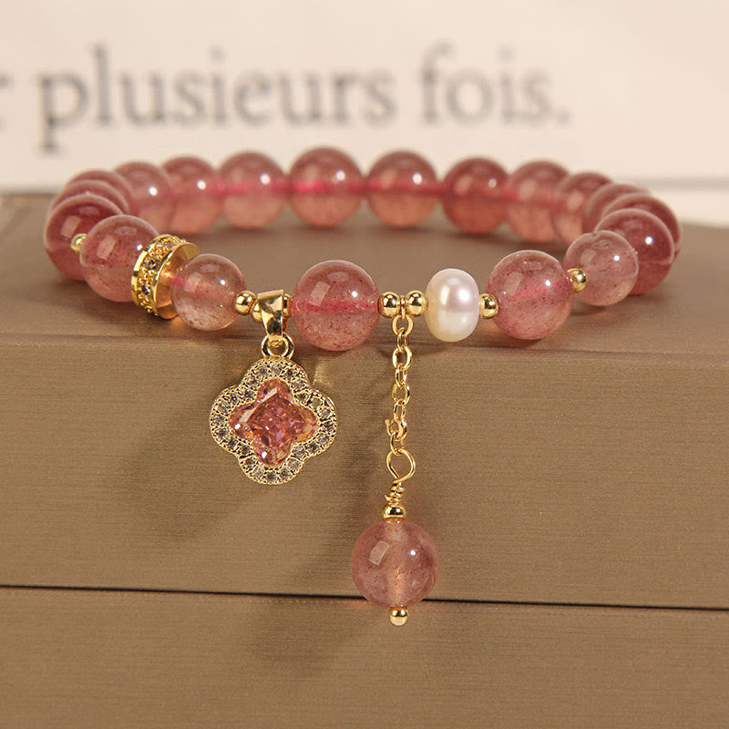Strawberry Quartz & Pearl Bracelet with Four-Leaf Clover Charm