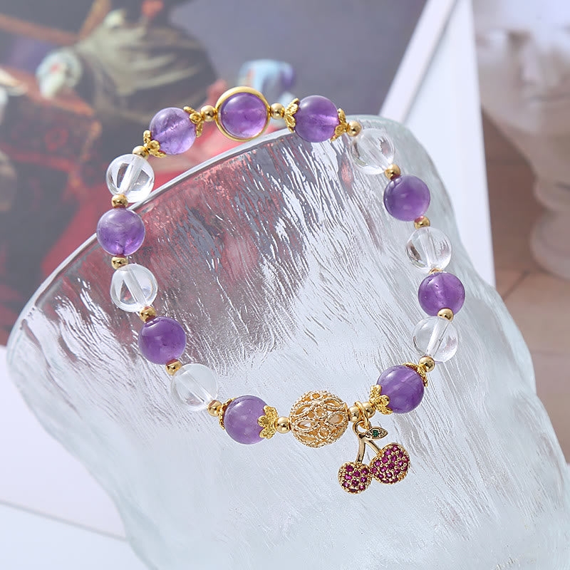 Natural Amethyst and Clear Quartz Beaded Bracelet with Cherry Charm