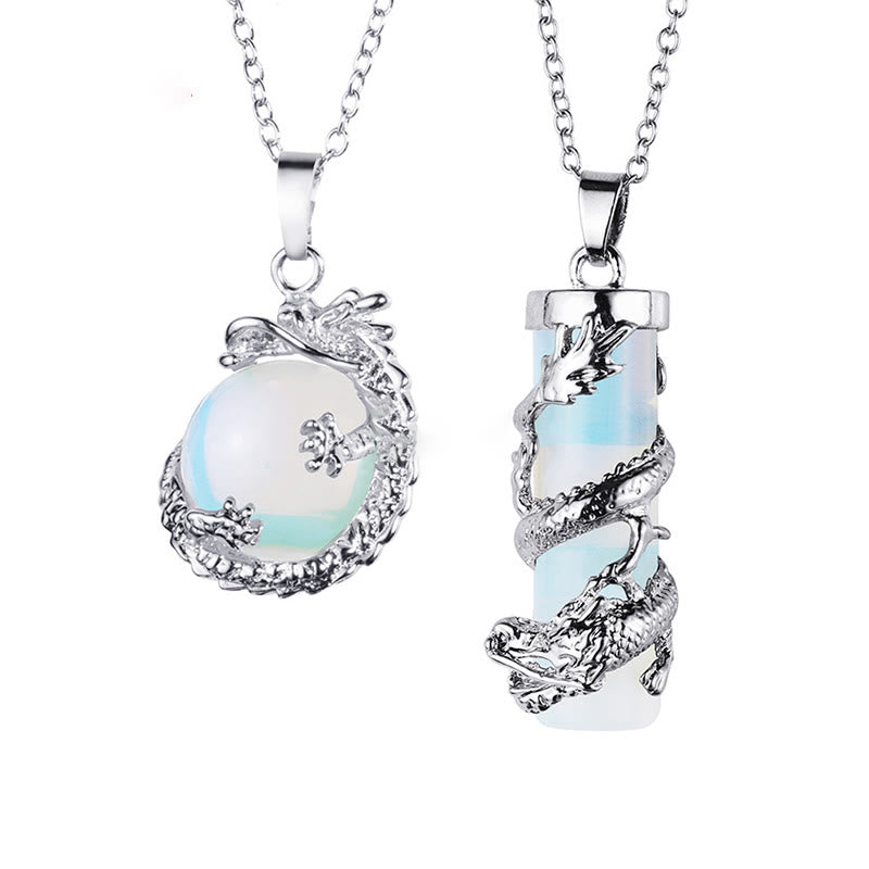 2pc Dragon Wrapped Round Ball Gemstone Couple Necklace Pendant