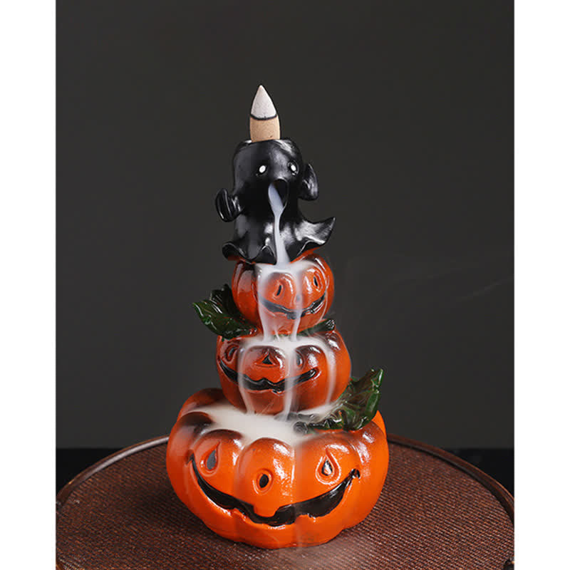 Atmospheric Halloween Pumpkin and Ghost Resin Backflow Smoke Fountain Incense Burner