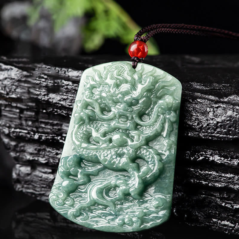 Natural Jade Chinese Zodiac Dragon Sea Luck String Necklace Pendant