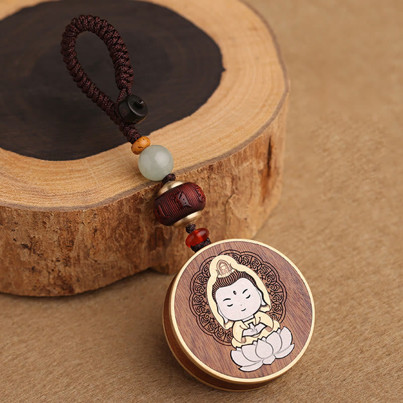 Ebony Wood Rosewood Buddha Avalokitesvara Om Mani Padme Hum Balance Car Key Chain Decoration
