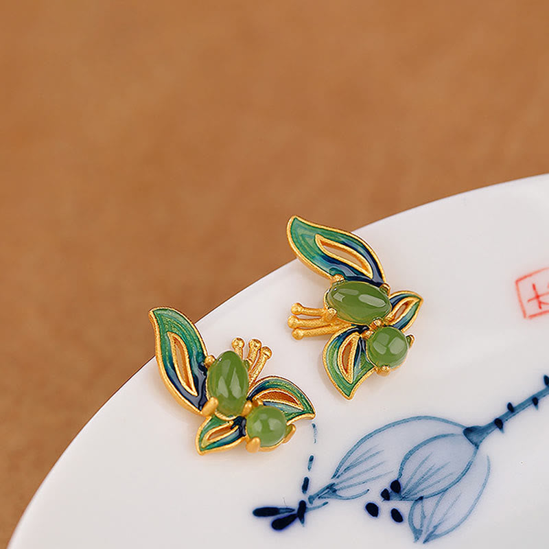 925 Sterling Silver Plated Gold Natural Cyan Jade Butterfly Luck Healing Earrings
