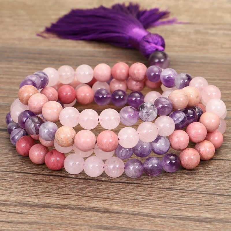 108 Mala Beads Amethyst Rose Quartz Spiritual Healing Tassel Bracelet