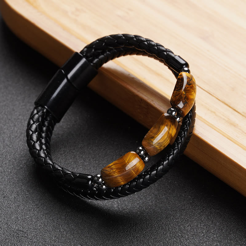 Natural Tiger Eye and Hematite Leather Bracelet with Magnetic Buckle