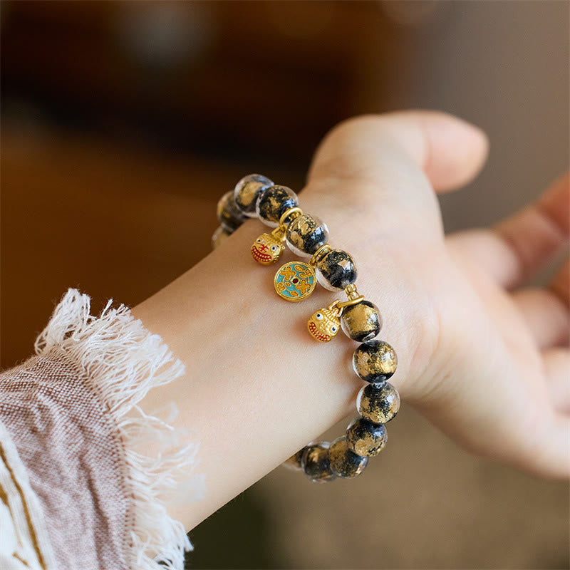 Gold Pixiu and Chinese Coin Liuli Glass Bead Energy Bracelet