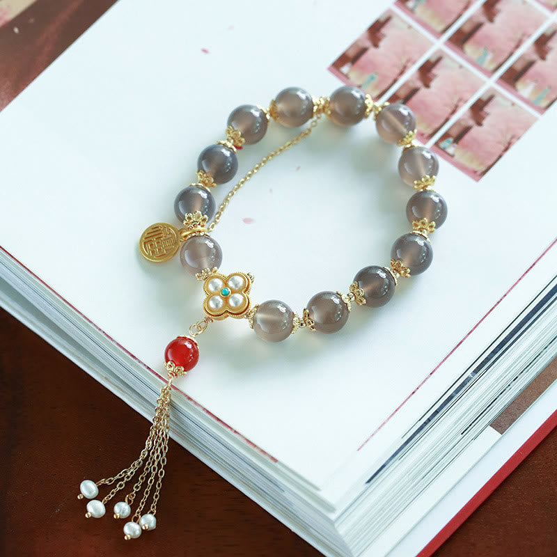 Natural Gray Agate and Pearl Beaded Bracelet with Fu Symbol Tassel