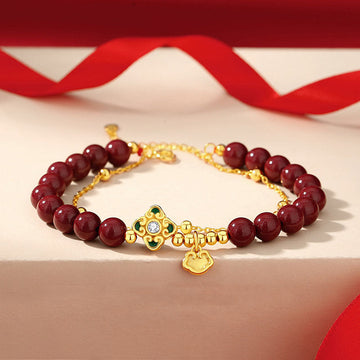 Natural Cinnabar & 925 Sterling Silver Four-Leaf Clover Longevity Lock Chain Bracelet