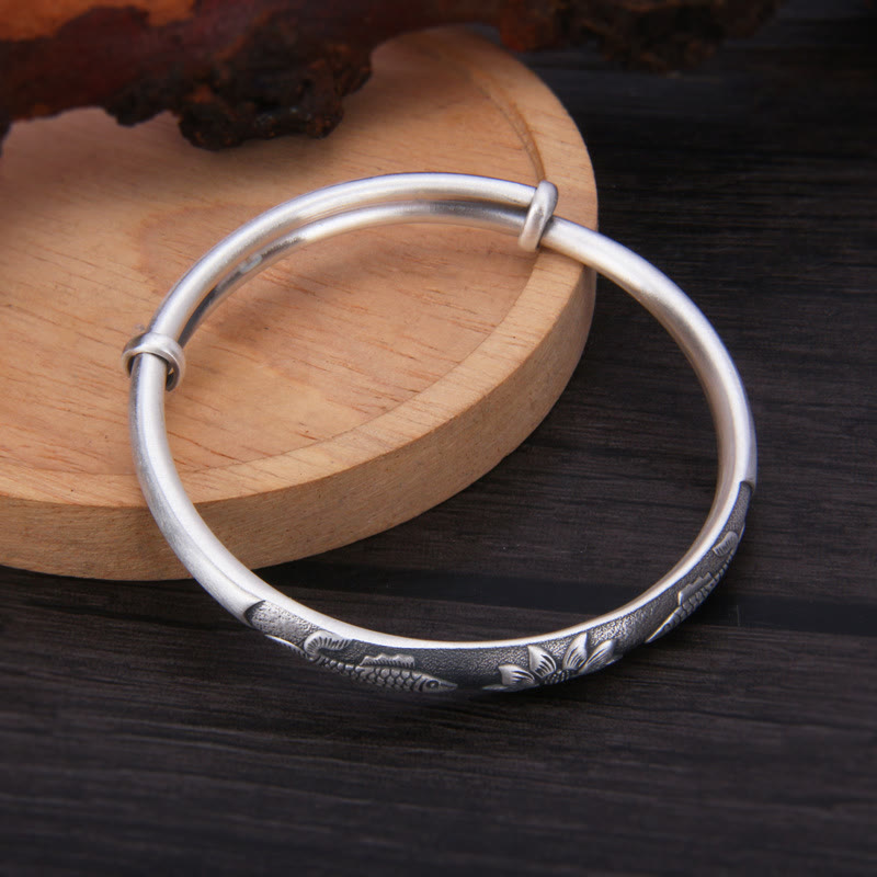 999 Sterling Silver Koi Fish Lotus Wealth Luck Bracelet Bangle