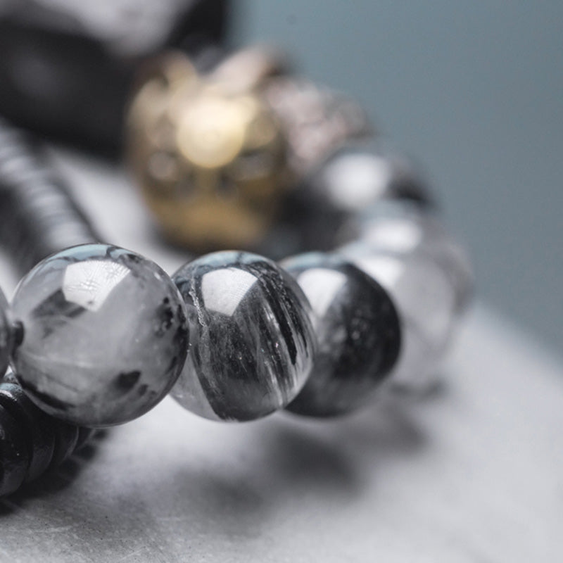 Black Rutilated Quartz Ebony Wood Copper Wisdom Couple Bracelet