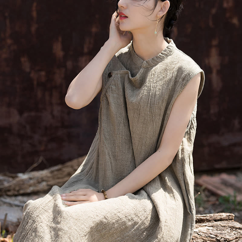 Handmade Tie Dye Midi Dress Linen Sleeveless Dress