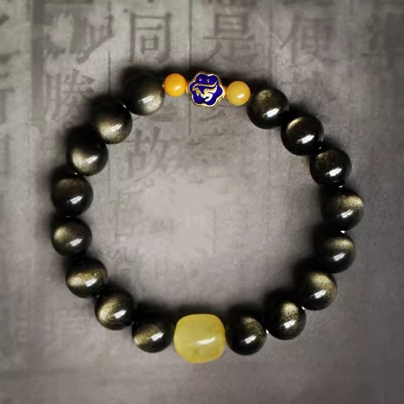 Natural Gold Sheen Obsidian & Amber Bracelet with 925 Sterling Silver and Zodiac Guardian
