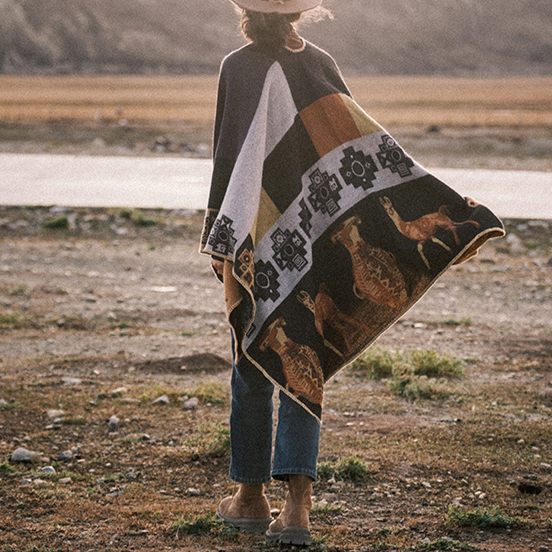 Tibetan Shawl Deer Vase Geometric Shapes Winter Cozy Travel Scarf Wrap