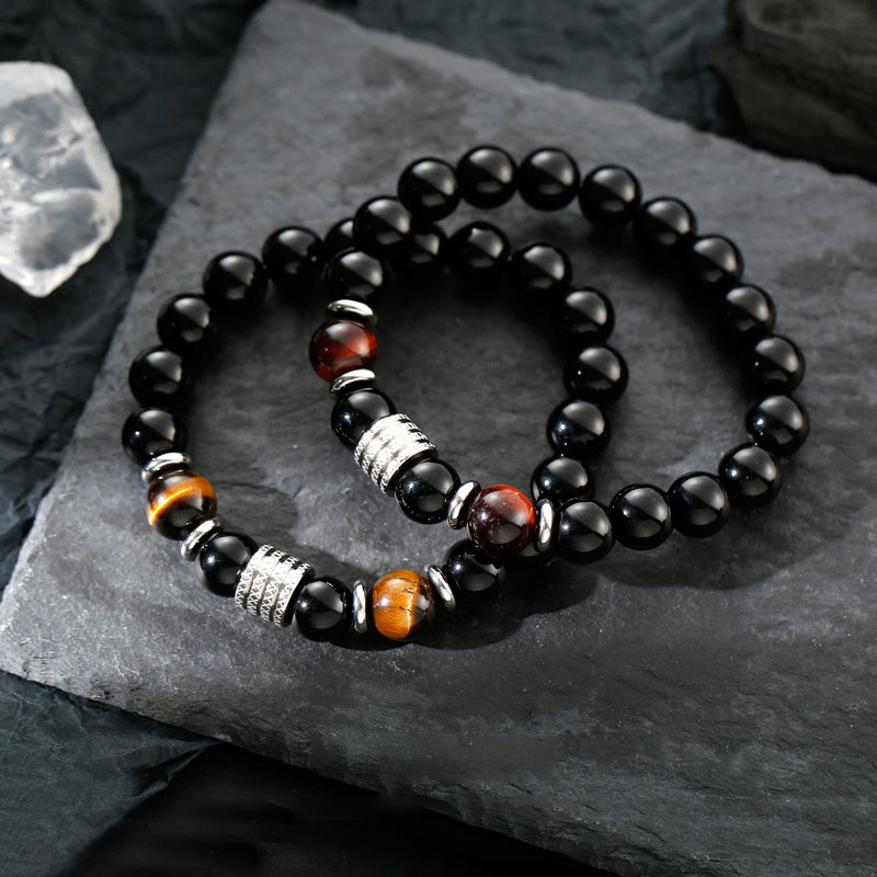 10mm Black Obsidian and Tiger Eye Beaded Bracelet with Titanium Steel