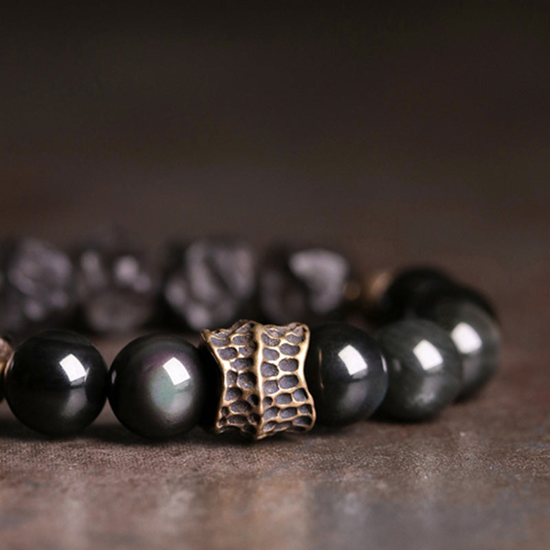Handcrafted Black Obsidian Ebony Wood & Copper Strength Couple Bracelet
