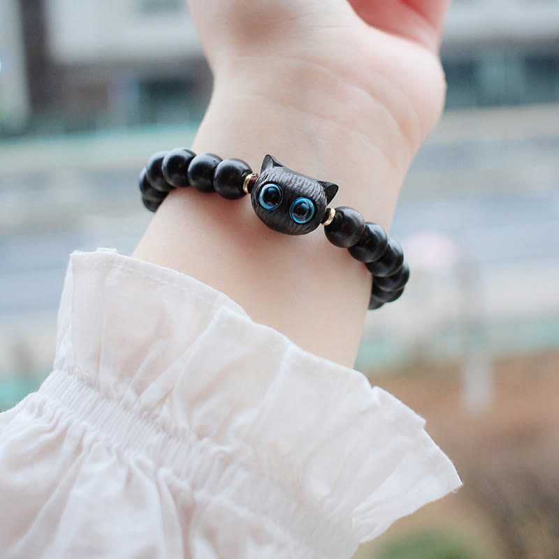 Hand-Carved Wooden Cat Peace Charm Bracelet in Ebony or Sandalwood
