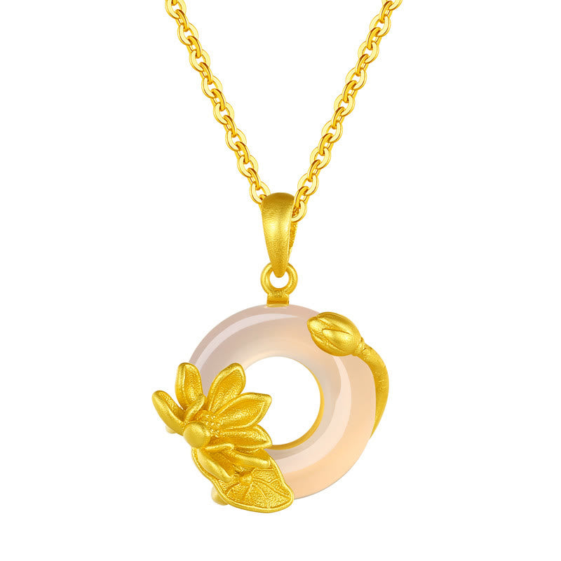 Natural White Chalcedony Peace Buckle Lotus Pendant S925 Sterling Silver Necklace